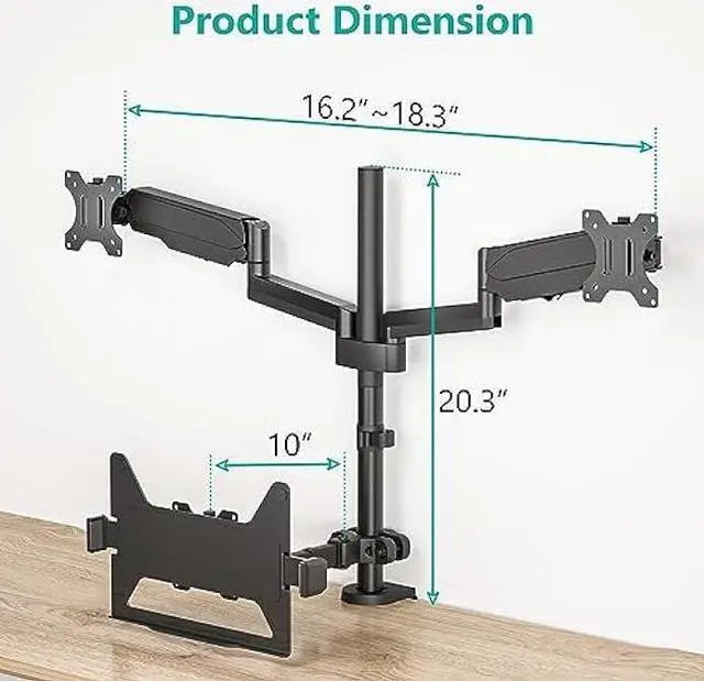 Alt view image 2 of 6 - WALI Monitor and Laptop Mount, Gas Spring Dual Monitor Stand with Laptop Tray Fit Computer Screens up to 32, Laptop Desk Mount with Notebook up to 17, Dual Monitor Arm Desk Mount (GSDM003LP), Black