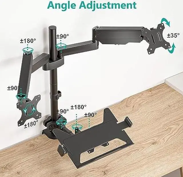 Alt view image 3 of 6 - WALI Monitor and Laptop Mount, Gas Spring Dual Monitor Stand with Laptop Tray Fit Computer Screens up to 32, Laptop Desk Mount with Notebook up to 17, Dual Monitor Arm Desk Mount (GSDM003LP), Black