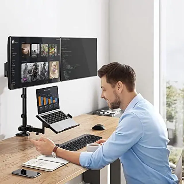 Alt view image 6 of 6 - WALI Monitor and Laptop Mount, Gas Spring Dual Monitor Stand with Laptop Tray Fit Computer Screens up to 32, Laptop Desk Mount with Notebook up to 17, Dual Monitor Arm Desk Mount (GSDM003LP), Black