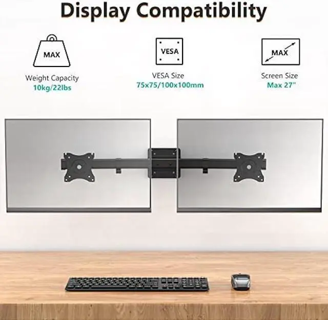 Alt view image 3 of 6 - WALI Dual Monitor Wall Mount, Single to Double Bracket Adapter, Horizontal Assembly Arm for 2 Screen up to 27 inch (012ARM), Black