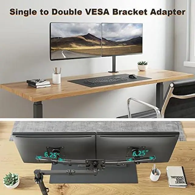 Alt view image 6 of 6 - WALI Dual Monitor Wall Mount, Single to Double Bracket Adapter, Horizontal Assembly Arm for 2 Screen up to 27 inch (012ARM), Black