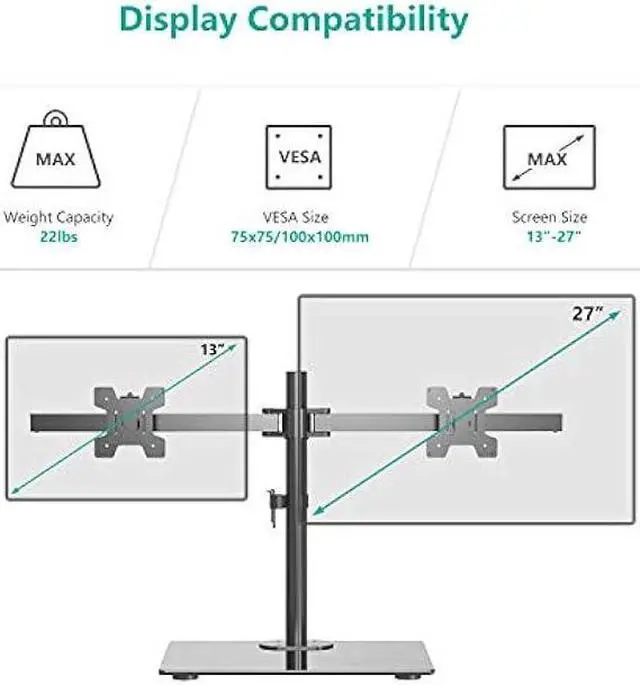 Alt view image 2 of 6 - WALI Free Standing Dual Monitor Stand, Height Adjustable Monitor Mount with Glass Base, Fits LCD LED Flat Curved Screen up to 27 inch, 22lbs, with Grommet Base (GMF002)