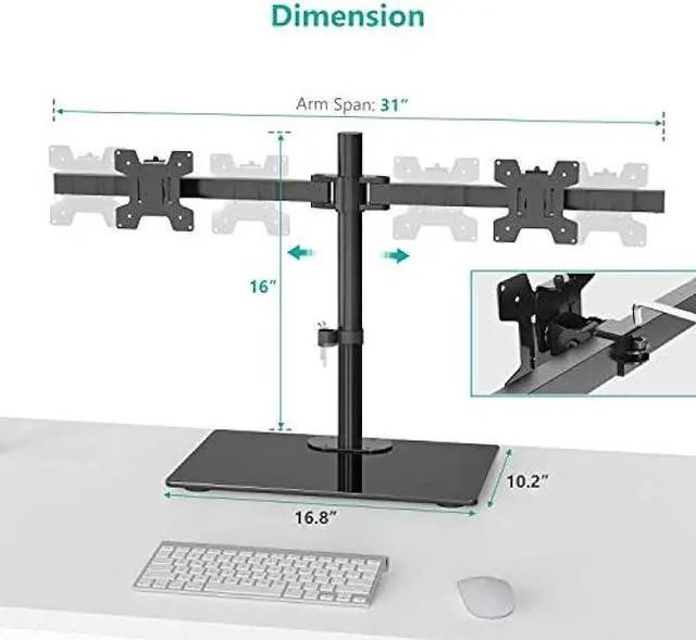 Alt view image 5 of 6 - WALI Free Standing Dual Monitor Stand, Height Adjustable Monitor Mount with Glass Base, Fits LCD LED Flat Curved Screen up to 27 inch, 22lbs, with Grommet Base (GMF002)