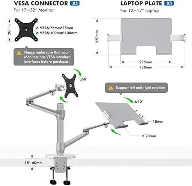 Alt view image 3 of 6 - Viozon Monitor and Laptop Mount, 2-in-1 Adjustable Dual Arm Desk Mounts Single Desk Arm Stand/Holder for 17 to 32 Inch LCD Computer Screens, Extra Tray Fits 12 to 17 inch Laptops (Silver)