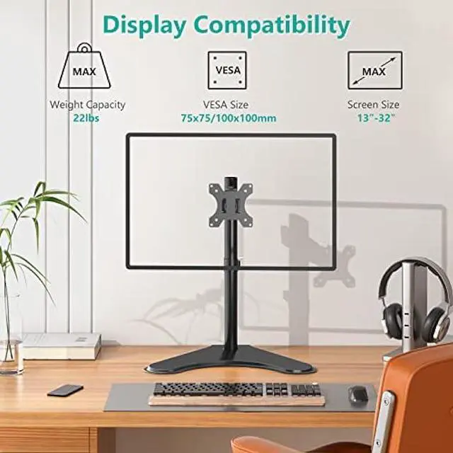 Alt view image 3 of 6 - WALI Single Monitor Stand, Adjustable Monitor Stand for One Screen up to 32inch, Universal Freestanding Monitor Stand for hp acer lg Monitor with monting Holes 75 to 100mm (MF001),Black