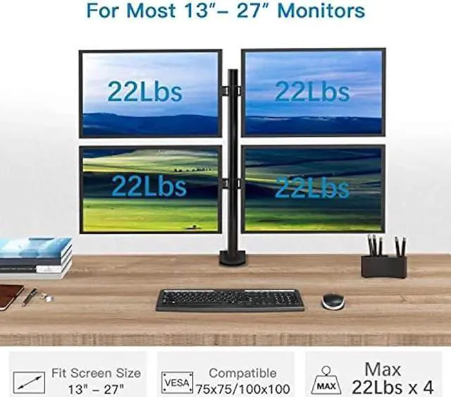 Alt view image 2 of 6 - HUANUO Quad Monitor Stand, 4 Monitor Stand for 13-27 inches Computer Screens with Full Articulation, Heavy Duty Monitor Desk Mount Fully Adjustable Holds up to 22LBS per Arm