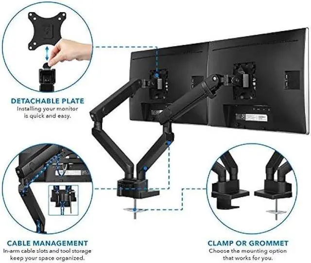 Alt view image 3 of 6 - Mount-It! Dual Monitor Arm Mount Desk Stand | Premium Quality | Articulating Mechanical Spring Height Adjustable | Fits Two 24 27 29 30 32 Inch VESA 75 100 Compatible Screens | C-Clamp and Grommet