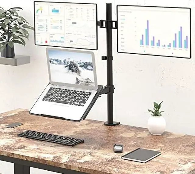 Alt view image 2 of 7 - WALI Dual Monitor Stand, Laptop and Monitor Stand for 2 Screen 1 Laptop Notebook, Extra Tall Desk Mount for Monitor up to 27 inch, Notebook up to 17 inch (M002XLLP), Black