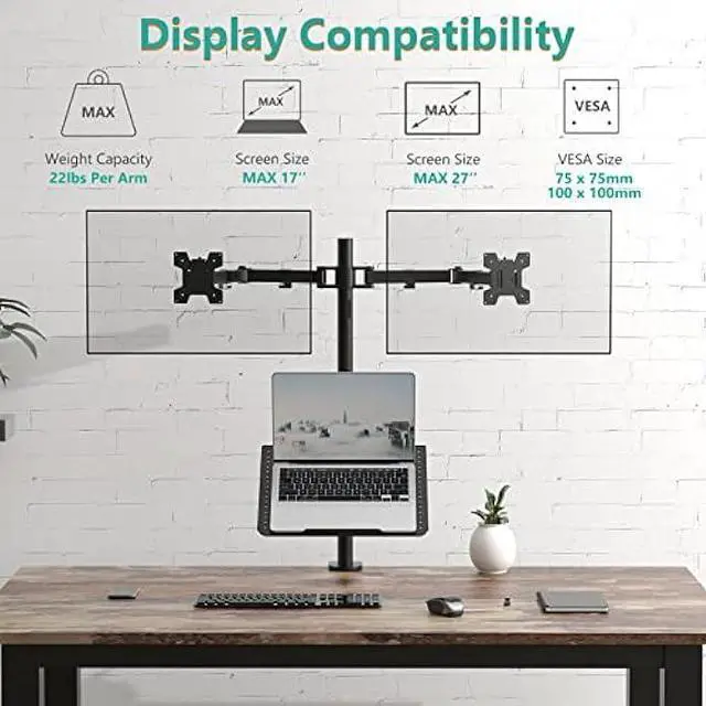 Alt view image 3 of 7 - WALI Dual Monitor Stand, Laptop and Monitor Stand for 2 Screen 1 Laptop Notebook, Extra Tall Desk Mount for Monitor up to 27 inch, Notebook up to 17 inch (M002XLLP), Black