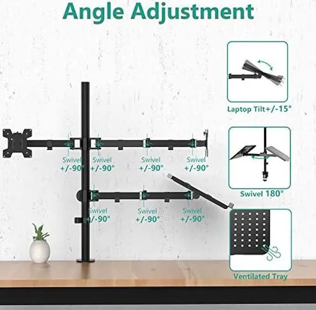 Alt view image 4 of 7 - WALI Dual Monitor Stand, Laptop and Monitor Stand for 2 Screen 1 Laptop Notebook, Extra Tall Desk Mount for Monitor up to 27 inch, Notebook up to 17 inch (M002XLLP), Black