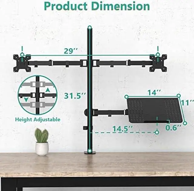 Alt view image 5 of 7 - WALI Dual Monitor Stand, Laptop and Monitor Stand for 2 Screen 1 Laptop Notebook, Extra Tall Desk Mount for Monitor up to 27 inch, Notebook up to 17 inch (M002XLLP), Black