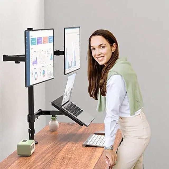 Alt view image 6 of 7 - WALI Dual Monitor Stand, Laptop and Monitor Stand for 2 Screen 1 Laptop Notebook, Extra Tall Desk Mount for Monitor up to 27 inch, Notebook up to 17 inch (M002XLLP), Black
