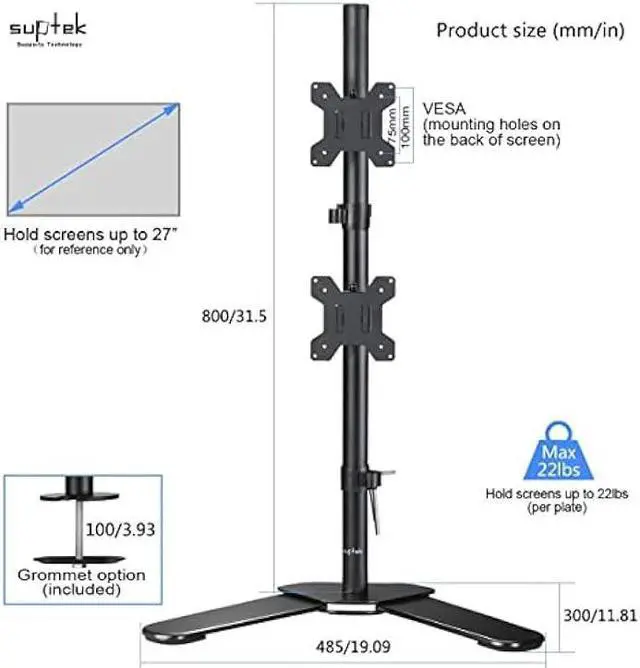 Alt view image 4 of 6 - Suptek Dual LED LCD Monitor Stand up Free-Standing Desk Mount for 2 / Two Screens up to 27 inch Extra Tall 31.5 inch Pole Heavy Duty Fully Adjustable Stand Vertical Array (ML6802)