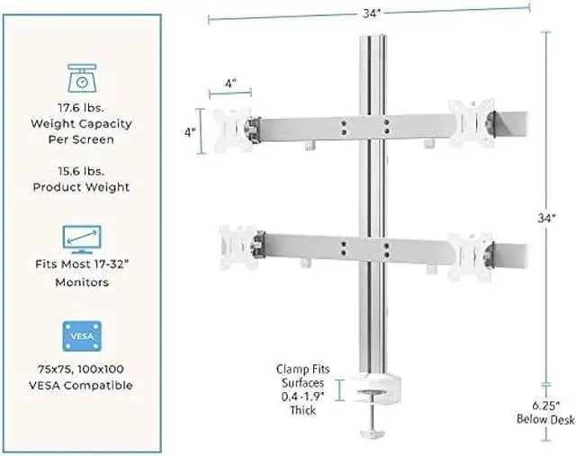 Alt view image 6 of 6 - Stand Steady 4 Monitor Mount | Heavy Duty Height Adjustable Monitor Stand with Clamp On Base| Four Monitor Arm with Full Articulation VESA Mount Fits Most LCD/LED Monitors 17-32 in. (Silver/4 Mounts)