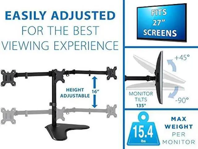 Alt view image 6 of 6 - Mount-It! Triple Monitor Stand | 3 Monitor Stand Fits 19 20 21 22 23 24 Inch Computer Screens | Free Standing Base | Three Heavy Duty Full Motion Adjustable Arms | VESA Compatible