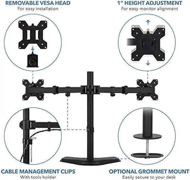Alt view image 3 of 6 - Mount-It! Dual Monitor Stand | 2 Monitor Mount Fits 19 20 21.5 24 27 29 32 Inch Computer Screens | Free Standing and Grommet Bases | Two Heavy Duty Tilt Swivel Height Adjustable Arms | VESA Compatible