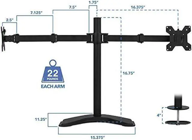 Alt view image 4 of 6 - Mount-It! Dual Monitor Stand | 2 Monitor Mount Fits 19 20 21.5 24 27 29 32 Inch Computer Screens | Free Standing and Grommet Bases | Two Heavy Duty Tilt Swivel Height Adjustable Arms | VESA Compatible