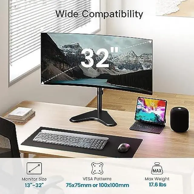 Alt view image 4 of 6 - HUANUO Single Monitor Stand, Free Standing Monitor Desk Stand for 13 to 32 Computer, Height Adjustable Monitor Mount Full Motion Swivel VESA 75x75mm/100x100mm Heavy Duty Steel Base up to 17.6 lbs