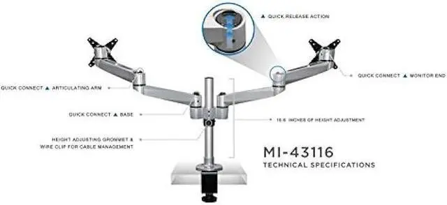 Alt view image 5 of 6 - Mount-It! Dual Monitor Desk Mount with Full Motion Swivel Arms | Premium Aluminum Material with Modular Quick Connect Function (MI-43116)