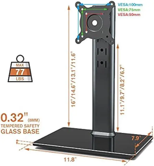 Alt view image 6 of 6 - Single LCD Computer Monitor Free-Standing Desk Stand Mount Riser for 13 inch to 32 inch Screen with Swivel, Height Adjustable, Rotation, Vesa Base Stand Holds One (1) Screen up to 77Lbs(HT05B-001))