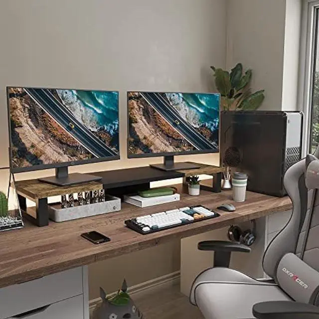 Alt view image 5 of 6 - WESTREE Dual Monitor Stand Riser, Sturdy Wood & Steel Computer Monitor Stand, Monitor Stand Riser for 2 Monitors, Multi-Purpose Desktop Organizer Riser for Computer,Laptop,Printer,TV