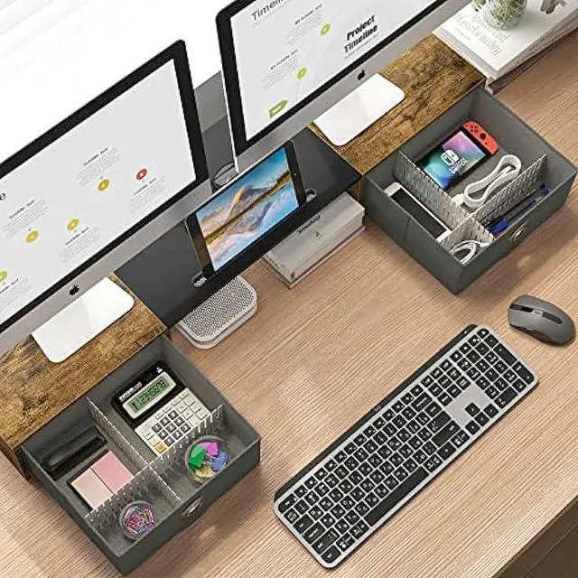 Alt view image 2 of 6 - WESTREE Dual Monitor Stand Riser with Two Drawers, Extra Large Storage Monitor Stand for 2 Monitors, Desktop Oraganizer Stand for Computer,Laptop,Screen,Printer,TV
