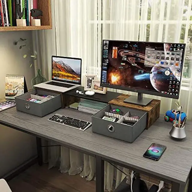 Alt view image 4 of 6 - WESTREE Dual Monitor Stand Riser with Two Drawers, Extra Large Storage Monitor Stand for 2 Monitors, Desktop Oraganizer Stand for Computer,Laptop,Screen,Printer,TV