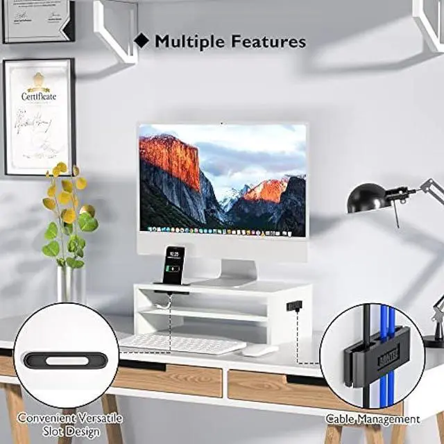Alt view image 2 of 7 - BONTEC Monitor Stand Riser White, 2 Tiers Wood Monitor Riser Stand with Storage Organizer, Desktop Ergonomic Monitor Stand Riser with Cellphone Holder and Cable Management, 16.5 Inch Shelf