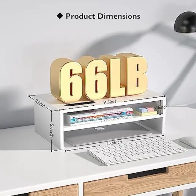 Alt view image 4 of 7 - BONTEC Monitor Stand Riser White, 2 Tiers Wood Monitor Riser Stand with Storage Organizer, Desktop Ergonomic Monitor Stand Riser with Cellphone Holder and Cable Management, 16.5 Inch Shelf