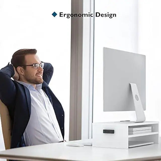 Alt view image 5 of 7 - BONTEC Monitor Stand Riser White, 2 Tiers Wood Monitor Riser Stand with Storage Organizer, Desktop Ergonomic Monitor Stand Riser with Cellphone Holder and Cable Management, 16.5 Inch Shelf