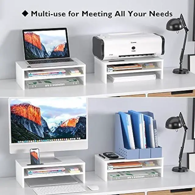 Alt view image 7 of 7 - BONTEC Monitor Stand Riser White, 2 Tiers Wood Monitor Riser Stand with Storage Organizer, Desktop Ergonomic Monitor Stand Riser with Cellphone Holder and Cable Management, 16.5 Inch Shelf