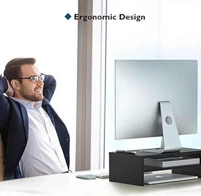 Alt view image 5 of 5 - Monitor Stand Riser, 2 Tiers Wood Monitor Riser Stand with Storage Organizer, Desktop Ergonomic Monitor Stand Riser with Cellphone Holder and Cable Management, 16.7 Inch Shelf, Black