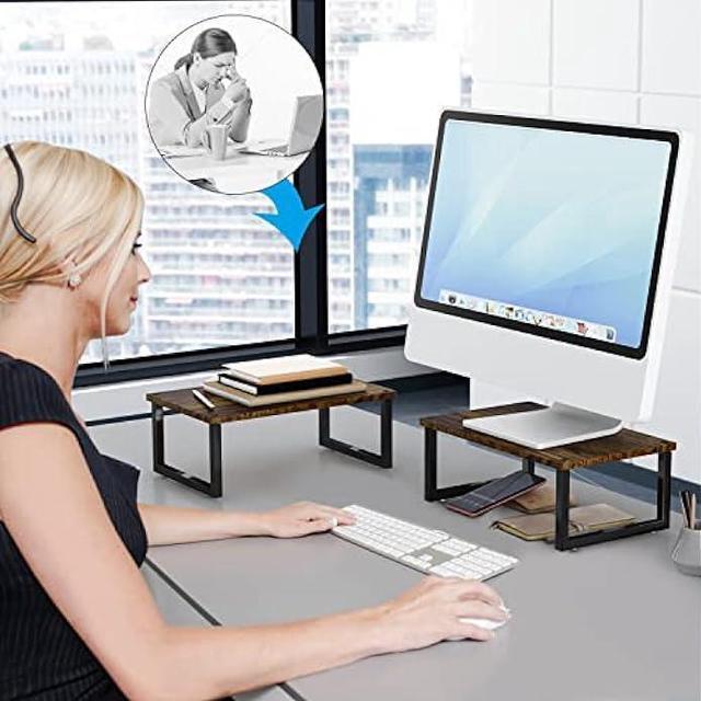 Alt view image 2 of 7 - Simple Trending 2-Pack Wooded Monitor Stand Riser, Desk Organizer Stand with Anti-Slip Suction Cup for Laptop, Computer, iMac, Pc, Antique Brown