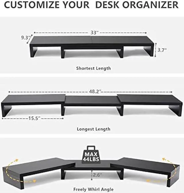 Alt view image 3 of 6 - Dual Monitor Stand Riser Office Desktop Organizer Stands for 2 Monitors Length and Angle Adjustable 3 Shelf, Extra Long Multifunctional Stand fit Computer, Laptop, PC, TV, Max 48.2 Length, Black