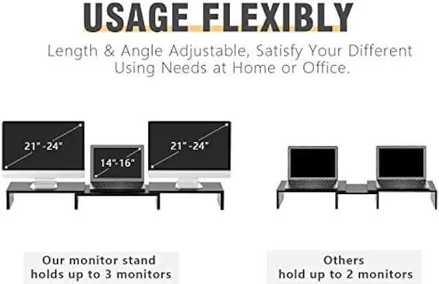 Alt view image 4 of 6 - Dual Monitor Stand Riser Office Desktop Organizer Stands for 2 Monitors Length and Angle Adjustable 3 Shelf, Extra Long Multifunctional Stand fit Computer, Laptop, PC, TV, Max 48.2 Length, Black