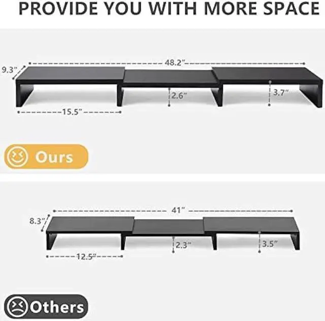 Alt view image 5 of 6 - Dual Monitor Stand Riser Office Desktop Organizer Stands for 2 Monitors Length and Angle Adjustable 3 Shelf, Extra Long Multifunctional Stand fit Computer, Laptop, PC, TV, Max 48.2 Length, Black