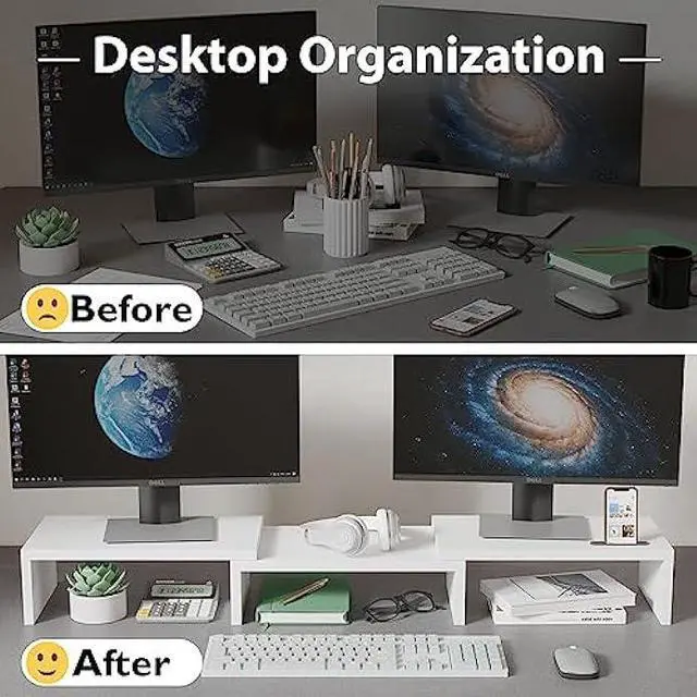 Alt view image 2 of 7 - BONTEC Dual Monitor Stand Riser with Smartphone Holder, Adjustable Length & Swivel Angle Wooden Desktop Organizer Stand PC Riser for PC Monitor Laptop Printer, White