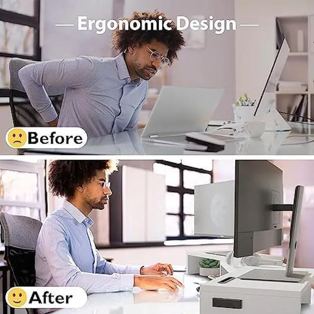 Alt view image 4 of 7 - BONTEC Dual Monitor Stand Riser with Smartphone Holder, Adjustable Length & Swivel Angle Wooden Desktop Organizer Stand PC Riser for PC Monitor Laptop Printer, White