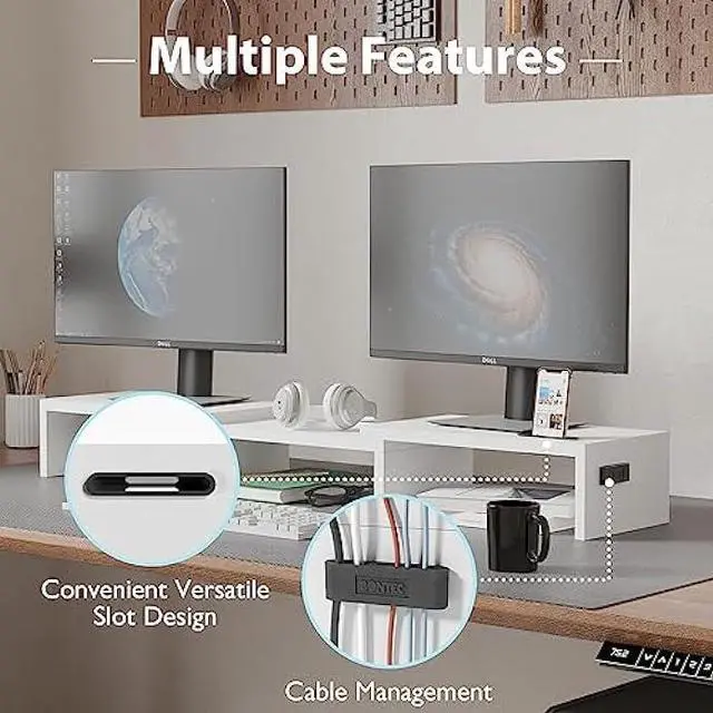 Alt view image 5 of 7 - BONTEC Dual Monitor Stand Riser with Smartphone Holder, Adjustable Length & Swivel Angle Wooden Desktop Organizer Stand PC Riser for PC Monitor Laptop Printer, White