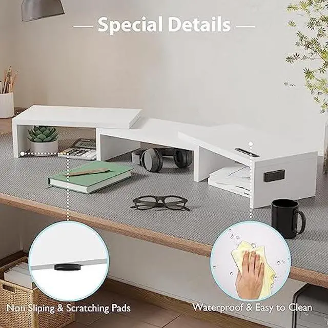Alt view image 6 of 7 - BONTEC Dual Monitor Stand Riser with Smartphone Holder, Adjustable Length & Swivel Angle Wooden Desktop Organizer Stand PC Riser for PC Monitor Laptop Printer, White