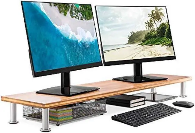 Main image of Dual Monitor Stand for 2 Monitors, Large Monitor Riser Made with Solid Bamboo, Perfect Desk Shelf Organizer for Desktop, 42 Inch Wood Platform for Computer Screens, Laptop or TV, Natural