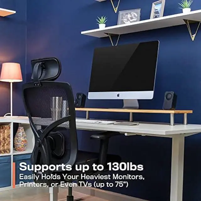 Alt view image 3 of 6 - Dual Monitor Stand for 2 Monitors, Large Monitor Riser Made with Solid Bamboo, Perfect Desk Shelf Organizer for Desktop, 42 Inch Wood Platform for Computer Screens, Laptop or TV, Natural