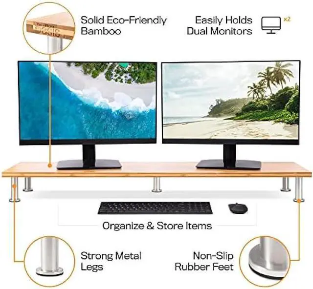 Alt view image 2 of 6 - Dual Monitor Stand for 2 Monitors, Large Monitor Riser Made with Solid Bamboo, Perfect Desk Shelf Organizer for Desktop, 42 Inch Wood Platform for Computer Screens, Laptop or TV, Natural