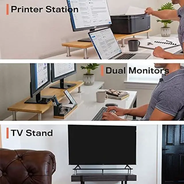 Alt view image 5 of 6 - Dual Monitor Stand for 2 Monitors, Large Monitor Riser Made with Solid Bamboo, Perfect Desk Shelf Organizer for Desktop, 42 Inch Wood Platform for Computer Screens, Laptop or TV, Natural
