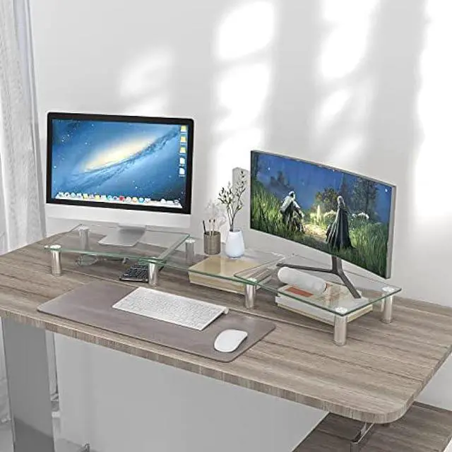 Alt view image 2 of 6 - Hemudu Dual Monitor Stand -Adjustable Length and Angle Dual Monitor Riser, Desktop Organizer for PC, Computer, Laptop (Clear)