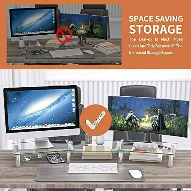 Alt view image 4 of 6 - Hemudu Dual Monitor Stand -Adjustable Length and Angle Dual Monitor Riser, Desktop Organizer for PC, Computer, Laptop (Clear)