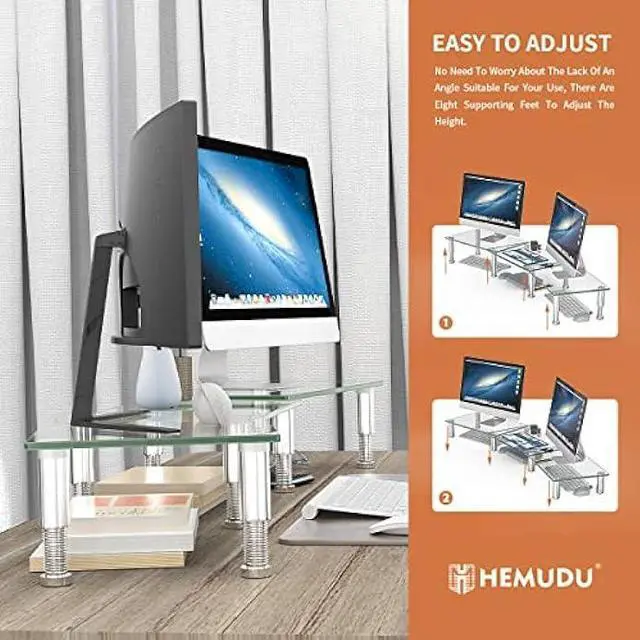 Alt view image 5 of 6 - Hemudu Dual Monitor Stand -Adjustable Length and Angle Dual Monitor Riser, Desktop Organizer for PC, Computer, Laptop (Clear)