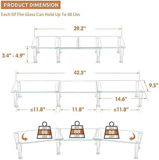 Alt view image 6 of 6 - Hemudu Dual Monitor Stand -Adjustable Length and Angle Dual Monitor Riser, Desktop Organizer for PC, Computer, Laptop (Clear)