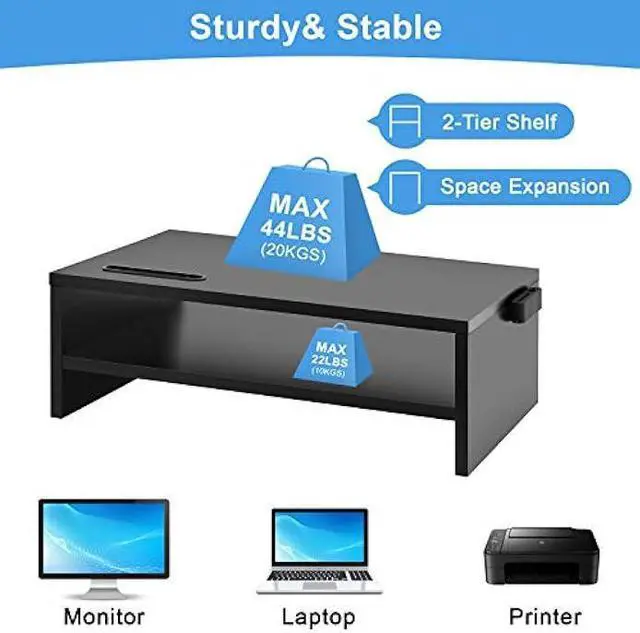 Alt view image 4 of 6 - Marbrasse Monitor Stand Riser, 16.5 Inch 2 Tier Computer Printer Shelf Stand for Laptop Computer Screen Storage, Desktop Stand with Phone Holder and Cable Management Black