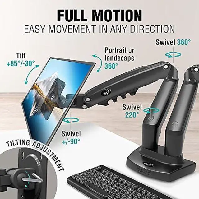 Alt view image 4 of 7 - ELG Full Motion Swivel Dual Monitor Desk Mount Stand Gas Spring for Two Screens 17 to 35'' (4.4lbs to 19.8lbs Load for Each Display), Computer Monitor Stand F160N, Black